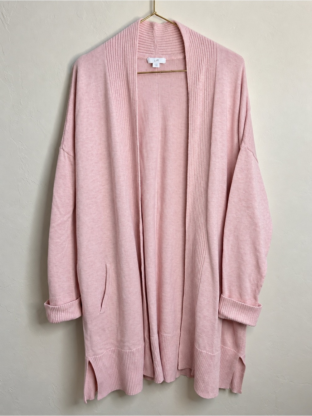 J.Jill Blush Pink Wool Silk Blend Duster Cardigan Sweater L 34”